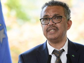 World Health Organization Director-General Tedros Adhanom Ghebreyesus speaks during a press conference, that follows the social distancing rules, after a meeting about the COVID-19 outbreak, at the WHO headquarters in Geneva, on Thursday, June 25, 2020.