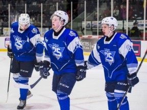 Together, Cedric Pare, left, Alexis Lafreniere and Calgary Flames prospect Dmitry Zavgorodniy, right, formed one of the most prolific lines in junior hockey this past season on behalf of the QMJHL’s Rimouski Oceanic. Lafreniere will likely be the first-overall pick in the 2020 NHL Draft. (Courtesy of Iften Redjah/Rimouski Oceanic)