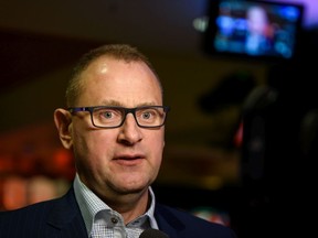 Calgary Flames general manager Brad Treliving speaks with the media after the team's 40th season luncheon at Scotiabank Saddledome on March 9, 2020. Azin Ghaffari/Postmedia