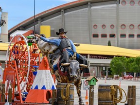 A Calgary Stampede float, which will be used in the upcoming Stampede drive-thru, sits at an empty Stampede Park on Thursday, July 2, 2020.