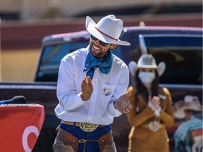 The 2020 Calgary Stampede Marshal Filipe Masetti Leite wears a Calgary White Hat on the stage at the Calgary Stampede Grandstand on Friday, July 3, 2020. He has arrived in Calgary after an eight year journey of crossing the Americas on horseback.