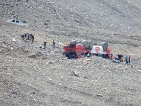 Emergency crews responded to a motor coach rollover that has left multiple people injured near the Columbia Icefield and Highway 93 in Jasper National Park on Saturday, July 18, 2020. photos supplied by Angela Bye