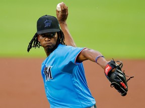 Jose Urena of the Miami Marlins pitches in the second inning of an exhibition game against the Atlanta Braves at Truist Park on July 21, 2020 in Atlanta, Ga.