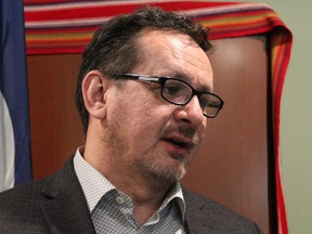 Dwayne Roth, chair of the Alberta Metis Federation, speaks to media at the Clearwater Hotel in Fort McMurray on Thursday, Feb. 27, 2020.