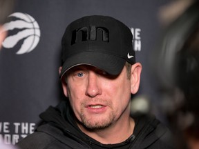 Toronto Raptors head coach Nick Nurse talks with the media earlier this season.