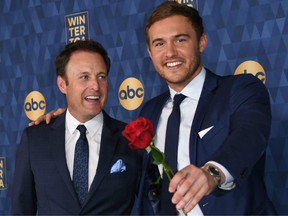 Host of "The Bachelor" Chris Harrison, left, and Star of "The Bachelor" season 24 Peter Weber attend ABC's Winter TCA 2020 Press Tour in Pasadena, California, on Jan. 8, 2020.