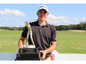 AJ Armstrong holds the trophy after winning the Alberta Open Championship at Wolf Creek Golf Resort just west of Morningside. Photo courtesy of Alberta Golf