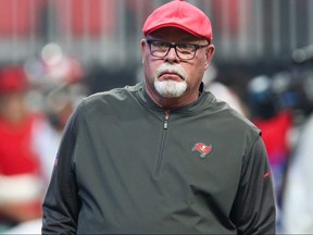 Head coach Bruce Arians of the Tampa Bay Buccaneers looks on prior to a game against the Atlanta Falcons at Mercedes-Benz Stadium on November 24, 2019 in Atlanta.