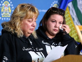 Shirley Smith speaks to media at CPS Westwards campus while her daughter Cassandra looks on. Smith is pleading for any information on her son Shane Eric James Smith, who was reported missing on Sunday June 7, 2020.