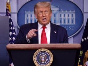 U.S. President Donald Trump speaks during a news briefing at the James Brady Press Briefing Room of the White House, in Washington, D.C., Tuesday, July 28, 2020.
