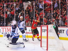 Flames Matthew Tkachuk celebrates a goal against the Winnipeg Jets on Nov. 21, 2018, at the Saddledome.