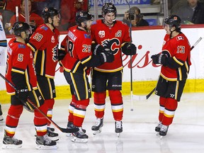 Johnny Gaudreau celebrates a goal against the San Jose Sharks at the Saddledome on Feb. 4, 2020.