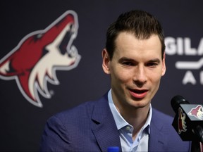 General manager John Chayka of the Arizona Coyotes speaks during a press conference to introduce Taylor Hall (not pictured) at Gila River Arena on Dec. 18, 2019 in Glendale, Arizona.