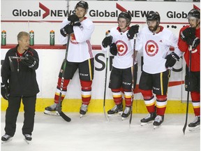 Flames coach Geoff Ward instructs the team during Calgary Flames training camp at the Saddledome in Calgary on Wednesday, July 15, 2020. Jim Wells/Postmedia
