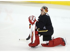 Flames David Rittich pauses during Calgary Flames training camp at the Saddledome in Calgary on Wednesday, July 15, 2020. Jim Wells/Postmedia