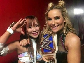 Kairi Sane and Smackdown Women's Champion Nattie Neidhart backstage at Smackdown in 2017.