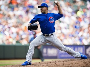 Starting pitcher Jose Quintana of the Chicago Cubs during a game at Oriole Park at Camden Yards on July 16, 2017 in Baltimore.