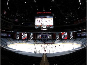 July 28, 2020; Edmonton, Alberta, CANADA;  A general view of game action during the second period of the exhibition game between the Edmonton Oilers and the Calgary Flames prior to the 2020 NHL Stanley Cup Playoffs at Rogers Place on July 28, 2020 in Edmonton, Alberta.    Mandatory Credit: Dave Sandford/NHLI via USA TODAY Sports