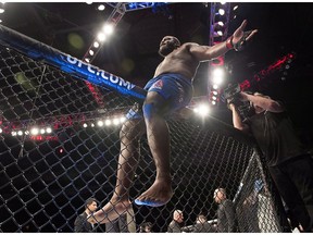 Derrick Lewis from New Orleans celebrates after defeating Travis Browne from Hawaii in a heavyweight bout at UFC Fight Night in Halifax on Sunday, Feb. 19, 2017.