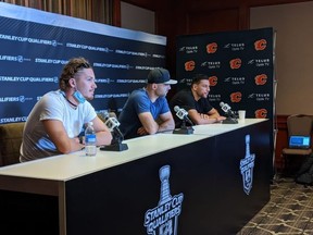 Calgary Flames Matthew Tkachuk, Mark Giordano and Milan Lucic during a media availability inside the NHL bubble in Edmonton on Monday, July 27, 2020. Calgary Flames/Twitter
