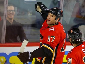 The Calgary Flames' Milan Lucic celebrates after scoring a goal against the Buffalo Sabres at the Scotiabank Saddledome on Dec. 5, 2019. Al Charest / Postmedia