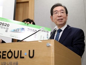 Seoul Mayor Park Won-soon speaks during an event at Seoul City Hall in Seoul, South Korea, July 8, 2020.