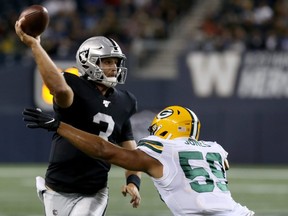 Spectators at an NFL preseason game in Winnipeg last year got to see the likes of Oakland Raiders QB Nathan Peterman (left) and Green Bay Packers LB Markus Jones.