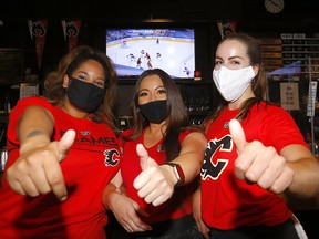 Flames fans were pumped hockey is back on at the Trolley 5 Restaurant and Brewery in Calgary on Tuesday, July 28, 2020.