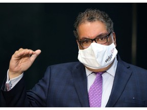 Calgary Mayor Naheed Nenshi speaks outside council chambers on Monday, July 20, 2020. City Council is considering whether to bring mandatory mask rules.  Gavin Young/Postmedia