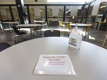 Pictured is a sign put in a sitting area to implement physical distancing measures in Henry Wise Wood High School on Friday, August 28, 2020. Azin Ghaffari/Postmedia
