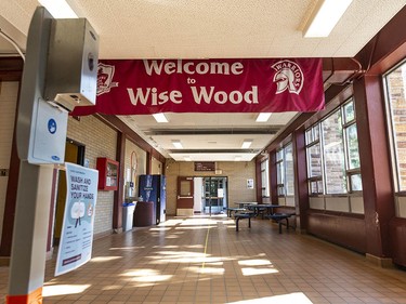 Hand sanitizers have been provided at the entrance in Henry Wise Wood High School on Friday, August 28, 2020. Azin Ghaffari/Postmedia