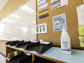 Hand sanitizers are provided for the students and teachers in a classroom in Henry Wise Wood High School on Friday, August 28, 2020.