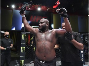 Derrick Lewis reacts after his knockout over Aleksei Oleinik of Russia in their heavyweight fight during the UFC Fight Night event at UFC APEX on August 08, 2020, in Las Vegas, Nevada. Supplied Photo/UFC