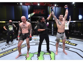 Aleksandar Rakic of Austria celebrates after his victory over Anthony Smith in their light heavyweight fight during the UFC Fight Night event at UFC APEX on August 29, 2020, in Las Vegas, Nev.