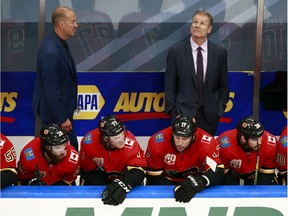 EDMONTON, ALBERTA - JULY 28: Head coach Geoff Ward of the Calgary Flames looks on against the Edmonton Oilers during the second period in an exhibition game prior to the 2020 NHL Stanley Cup Playoffs at Rogers Place on July 28, 2020 in Edmonton, Alberta, Canada.