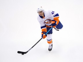 New York Islanders' Jean-Gabriel Pageau warms up before a game earlier this month.