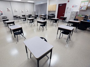 Desks positioned for physical distancing are seen inside a St. Marguerite School classroom in New Brighton on Tuesday, August 25, 2020. Schools across Calgary are preparing for classes to resume with COVID-19 precautions.