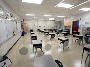 Desks spaced out in a Calgary classroom.