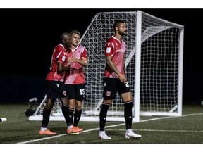Cavalry FC celebrates a goal during a recent match against FC Edmonton in Charlottetown, P.E.I.