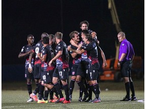 Cavalry FC celebrate thieri first half goal byDominick Zator against Forge FC on Thursday, August 13, 2020 during the opening game of the Canadian Premier League Island Games soccer action in Charlottetown, Prince Edward Island. The game ended in a 2-2 draw.The Island Games commence August 13 and finish in mid-September. Canadian Premier League/Chant Photography