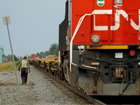 Two employees of a CN Rail work crew were seriously injured and taken to hospital late Friday (August 14, 2020) evening when they were struck by a pick-up truck while working at a railway crossing on Highway 60, between Highways 16 and Highway 16A, west of Edmonton. (Photo by Larry Wong/Postmedia)