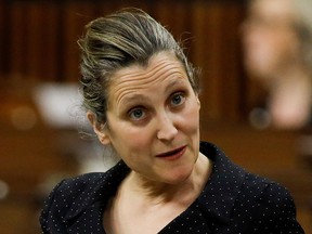 Deputy Prime Minister Chrystia Freeland speaks during a sitting of the House of Commons on Parliament Hill in Ottawa on April 29, 2020.