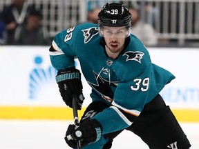 Logan Couture of the San Jose Sharks in action against the Toronto Maple Leafs at SAP Center on March 3, 2020 in San Jose, Calif.