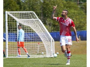 Cavalry FC's Marcus Haber celebrates the team's first goal of the match against Valour FC on Sunday, August 16, 2020 during Canadian Premier League Island Games in Charlottetown, Prince Edward Island.  CPL/Chant Photography
