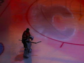 Aug 20, 2020; Edmonton, Alberta, CAN; Calgary Flames goaltender Cam Talbot (39) prepares to face the Dallas Stars in game six of the first round of the 2020 Stanley Cup Playoffs at Rogers Place. Mandatory Credit: Perry Nelson-USA TODAY Sports ORG XMIT: USATSI-429716