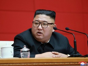 North Korean leader Kim Jong-un attends a political assembly meeting of the Central Committee of the Workers' Party of Korea, in North Korea, in this photo released on August 14, 2020 by North Korean Central News Agency (KCNA) in Pyongyang.
