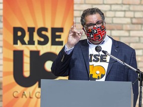 Mayor Naheed Nenshi speaks during the Calgary Rise Up launch announcement on Thursday, August 13, 2020.