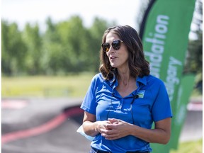Sheila Taylor, Parks Foundation Calgary CEO, speaks at the opening of South Glenmore Park's pump track on Friday, August 14, 2020. The pump track is open to public and suitable for riders of all ages and skill levels.  Azin Ghaffari/Postmedia
