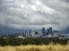 Pictured is Calgary skyline under a moody cloudy sky on Monday, September 7, 2020. Calgarians experienced three seasons in a few day with some witnessing rain, hail and snow and some enjoying the sunshine.