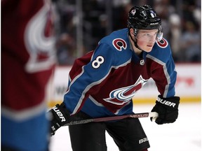 DENVER, COLORADO - APRIL 15: Cale Makar #8 of the Colorado Avalanche plays the Calgary Flames in the second period during Game Three of the Western Conference First Round during the 2019 NHL Stanley Cup Playoffs at the Pepsi Center on April 15, 2019 in Denver, Colorado.